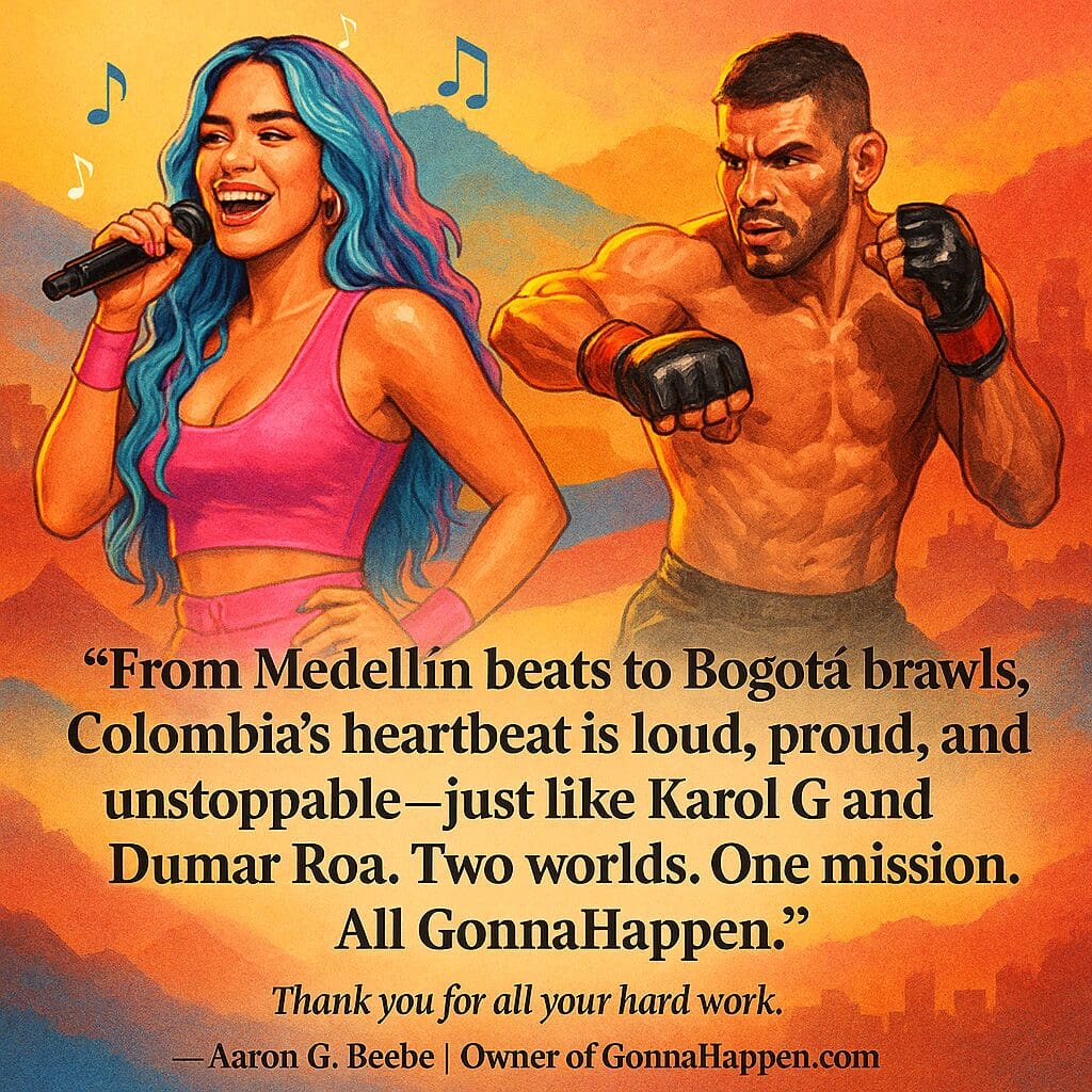 Colombian Reggaeton Royalty: The Rise of Karol G & the Power of Cultural Pride "From Medellín beats to Bogotá brawls, Colombia’s heartbeat is loud, proud, and unstoppable—just like Karol G and Dumar Roa. Two worlds. One mission. All GonnaHappen."
— Aaron G. Beebe | Founder of GonnaHappen.com