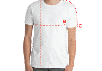 Man modeling white T-shirt with measurement guides.