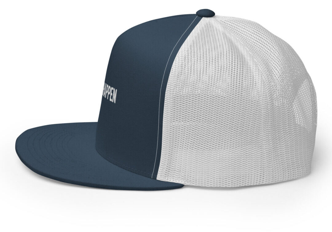 Navy blue and white trucker hat.