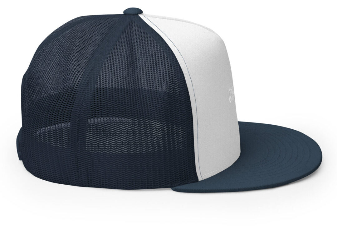 Navy and white mesh trucker hat.