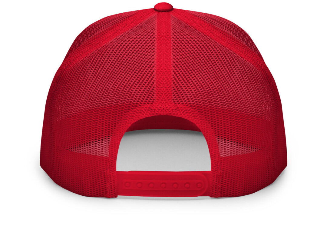 Red mesh back trucker hat.