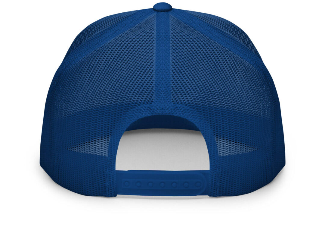 Blue mesh trucker hat, back view.