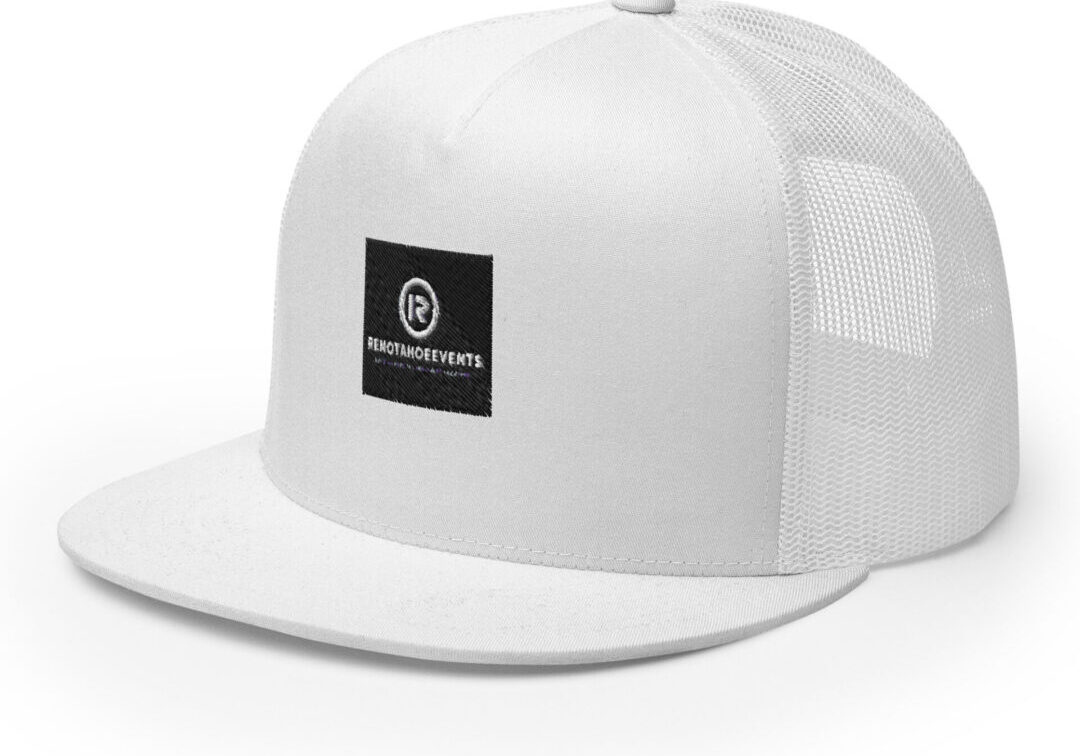 White trucker hat with Reno Tahoe Events logo.