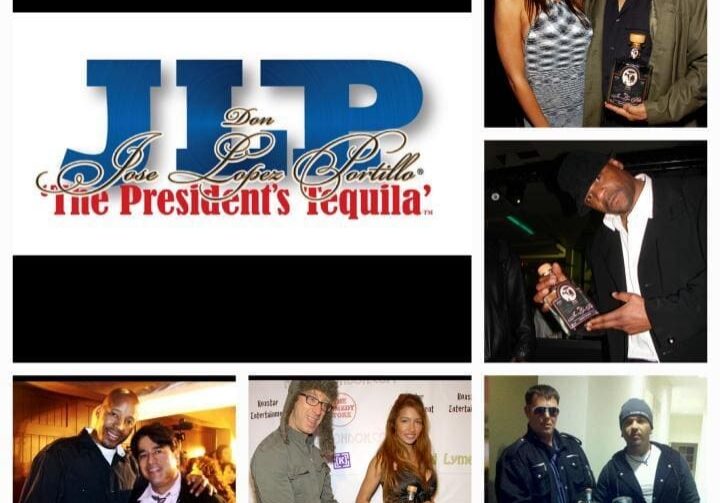 People posing with tequila bottles and logo