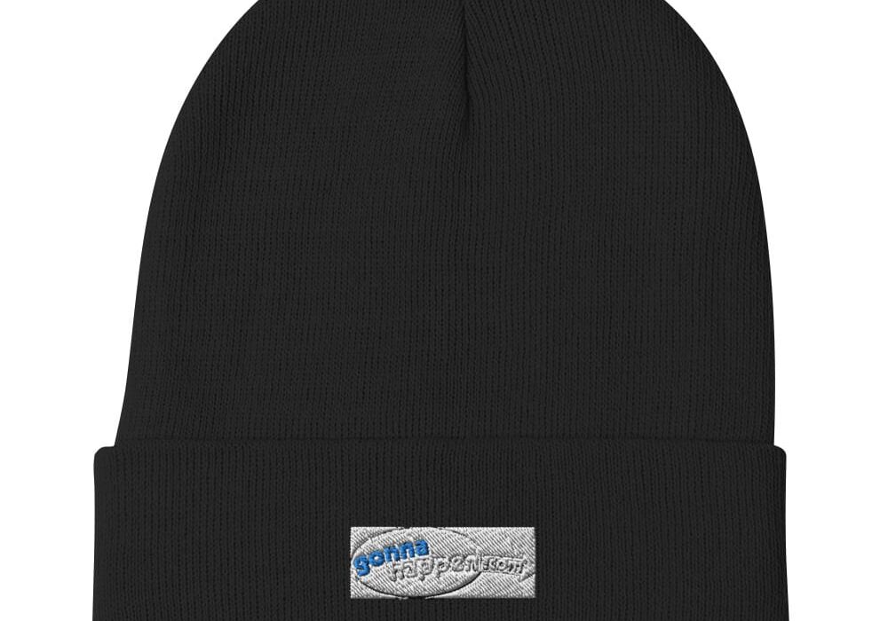 Black knit beanie with small logo.