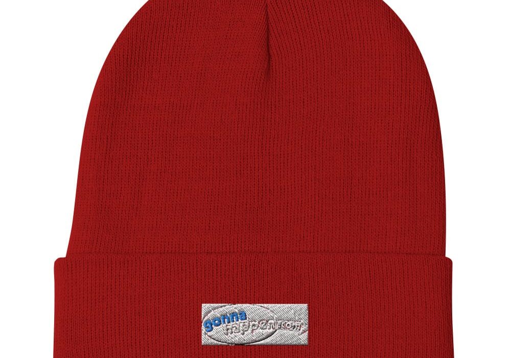 Red knit beanie with logo.