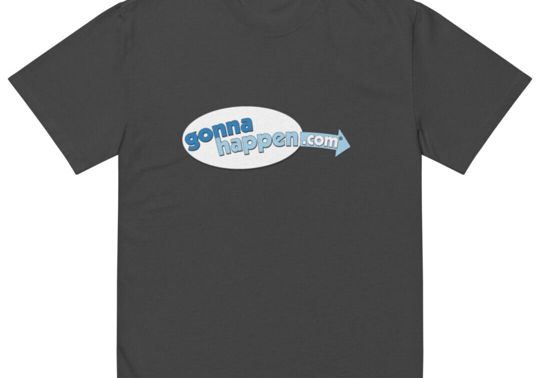 Black shirt with "gonna happen" logo.