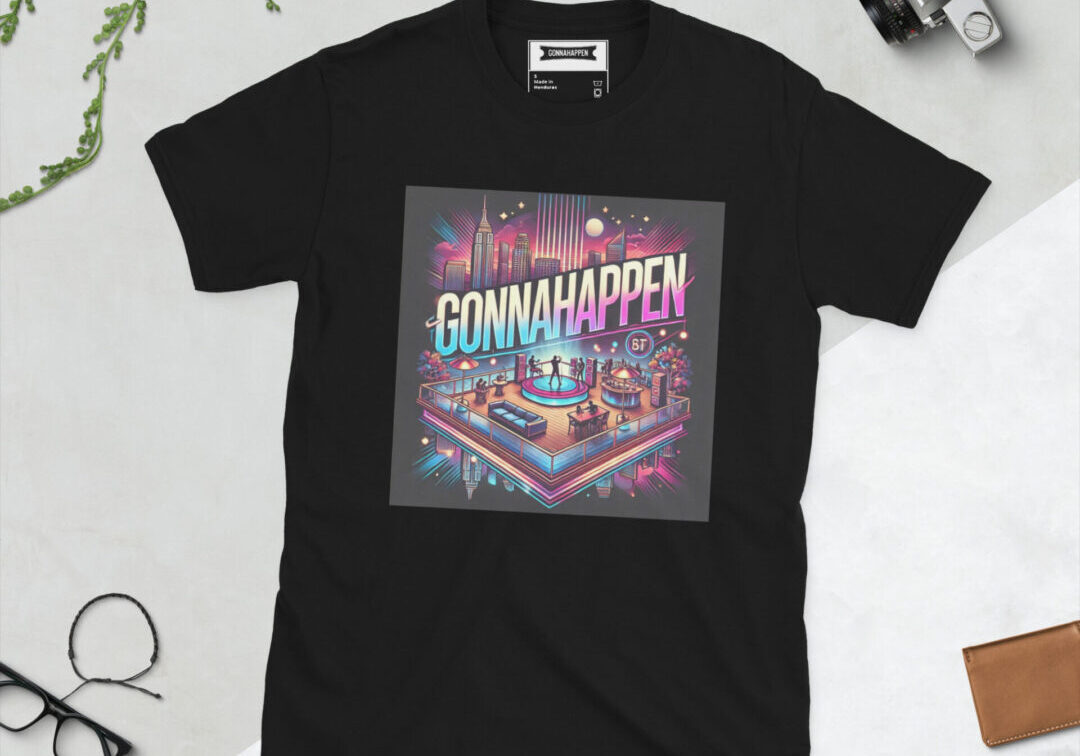 Black t-shirt with colorful graphic design.