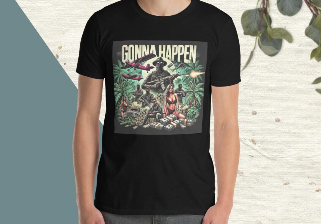 Person wearing black T-shirt with illustrated collage
