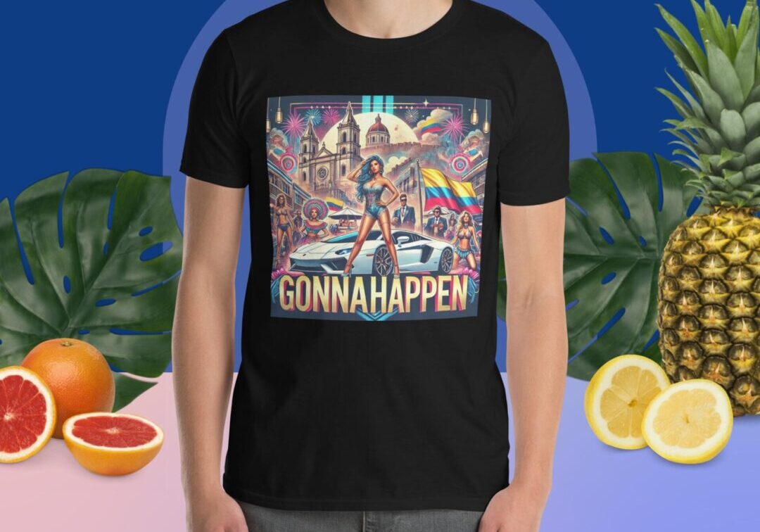 Person wearing black "GONNAHAPPEN" T-shirt