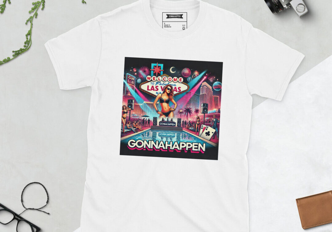 White t-shirt with Las Vegas graphic design.