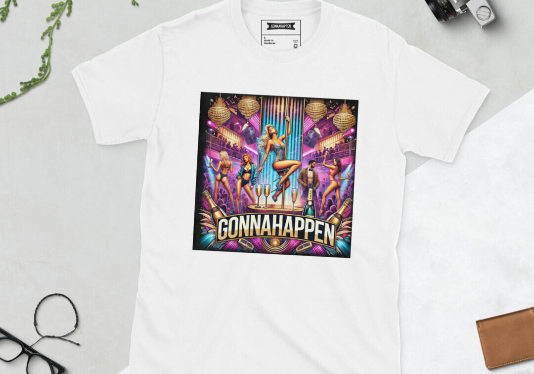 White t-shirt with colorful graphic design.
