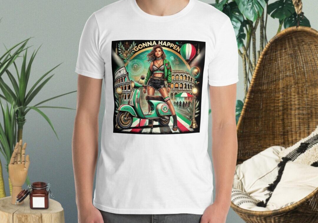 Man wearing white t-shirt with scooter graphic