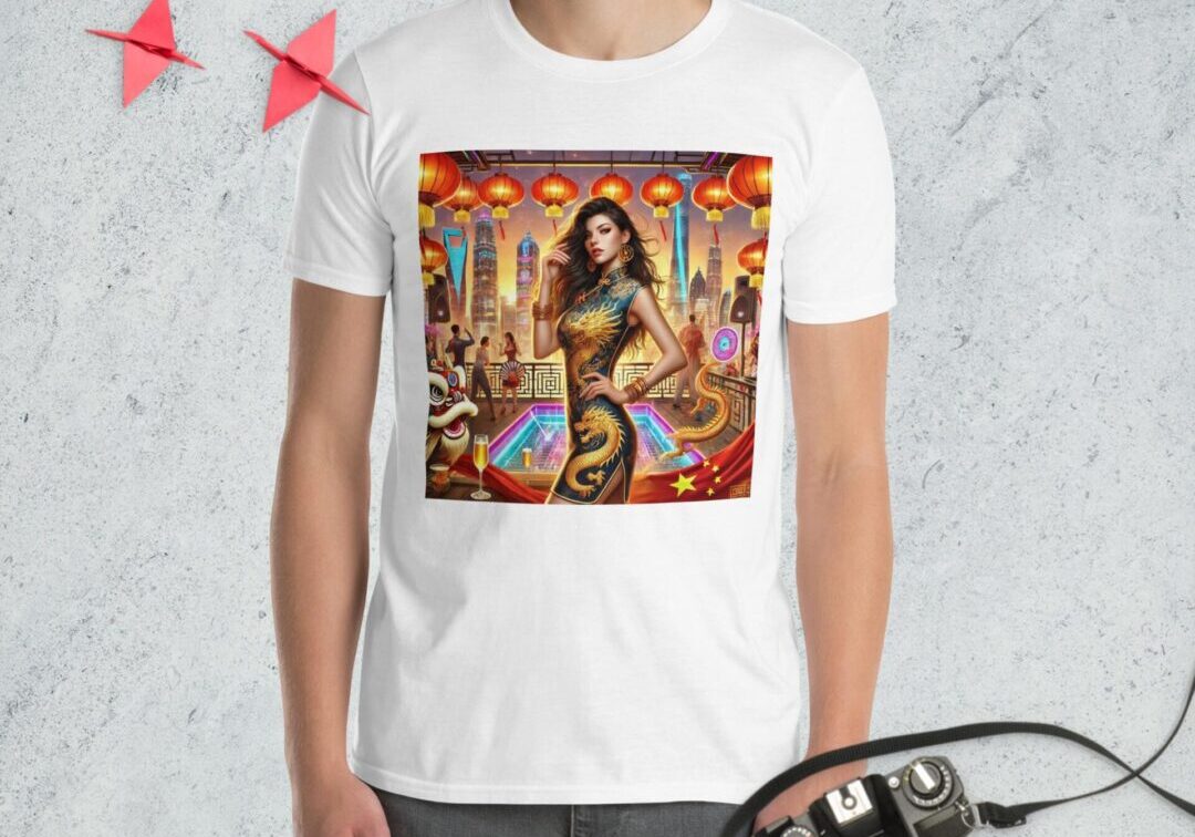 White t-shirt featuring Chinese dragon artwork