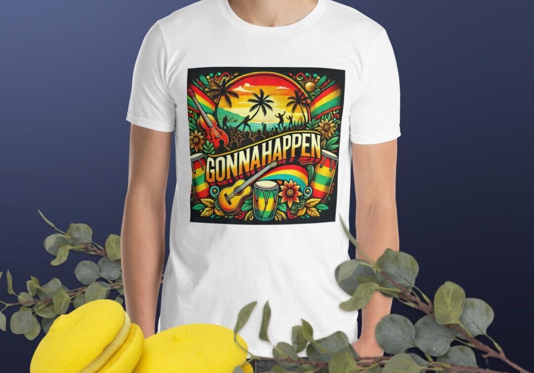 White T-shirt with colorful reggae graphic