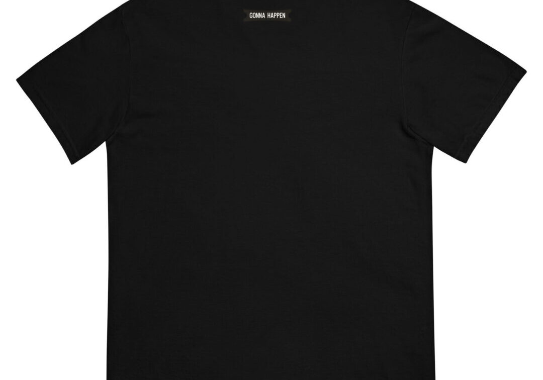 Black T-shirt with small back text.