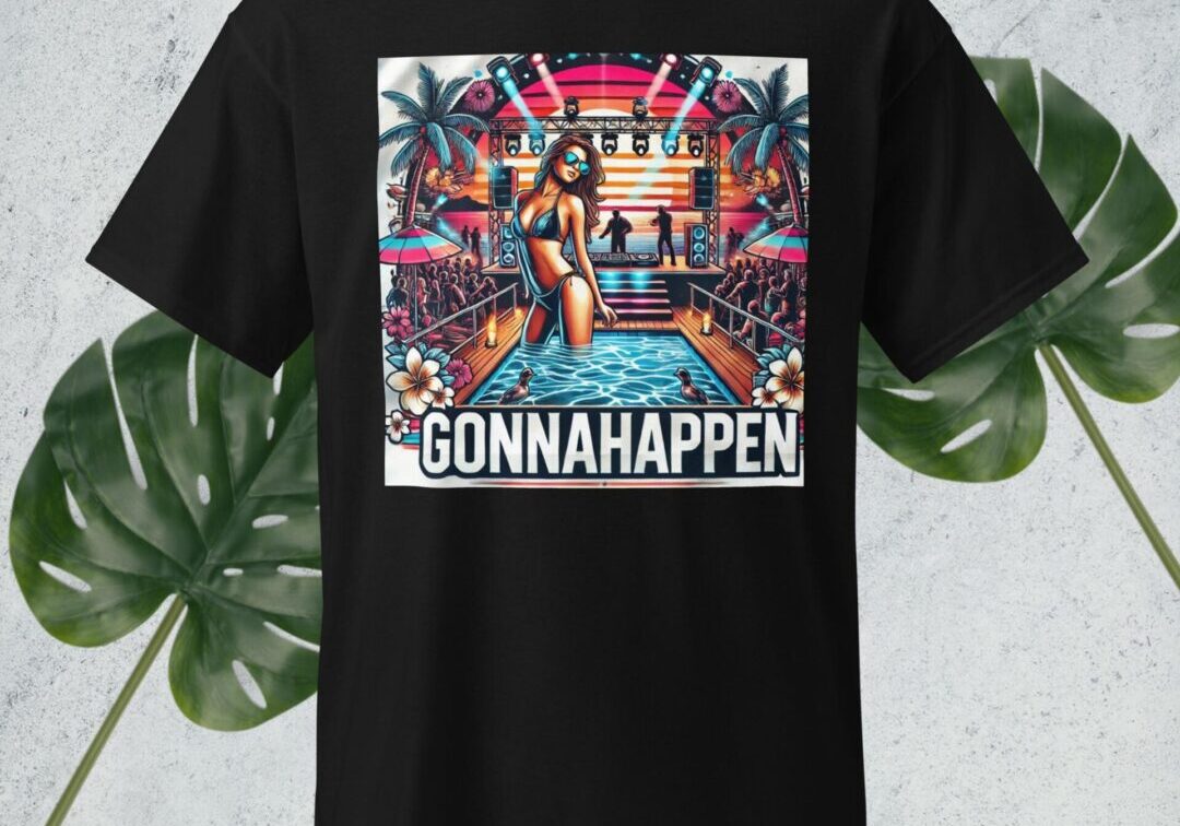 T-shirt with vibrant beach party design.
