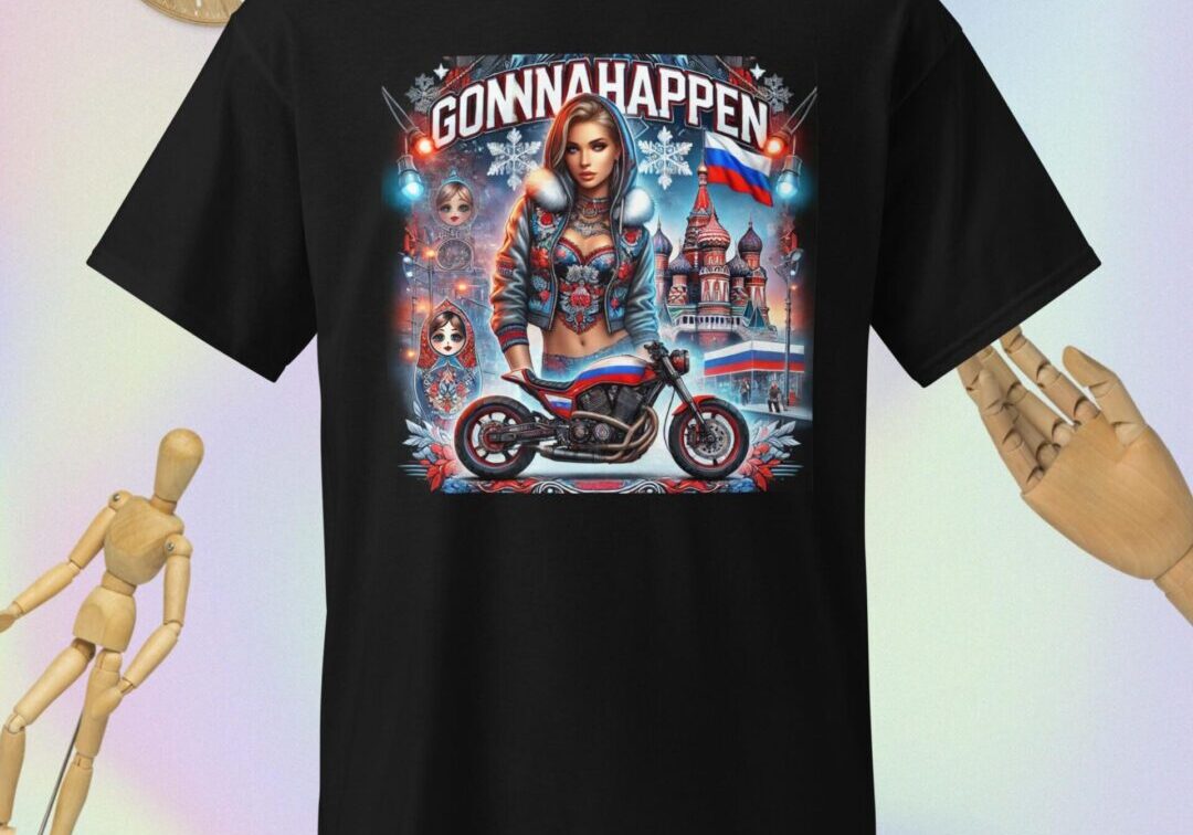 Black t-shirt with illustrated biker design.