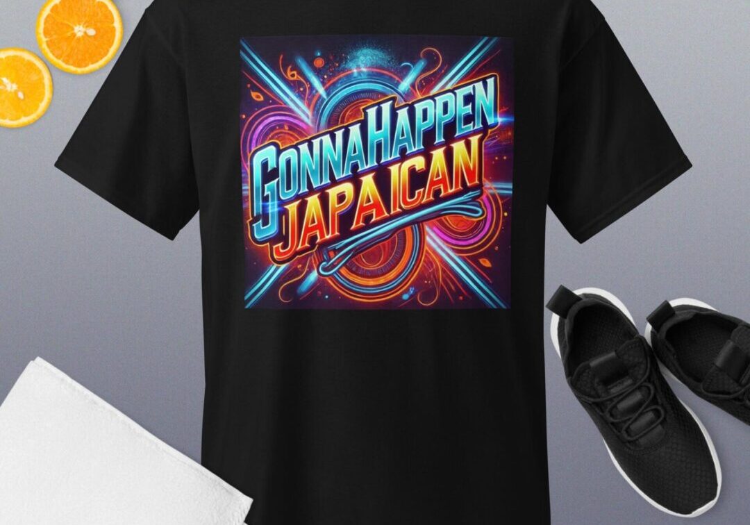 Black t-shirt with colorful typographic print