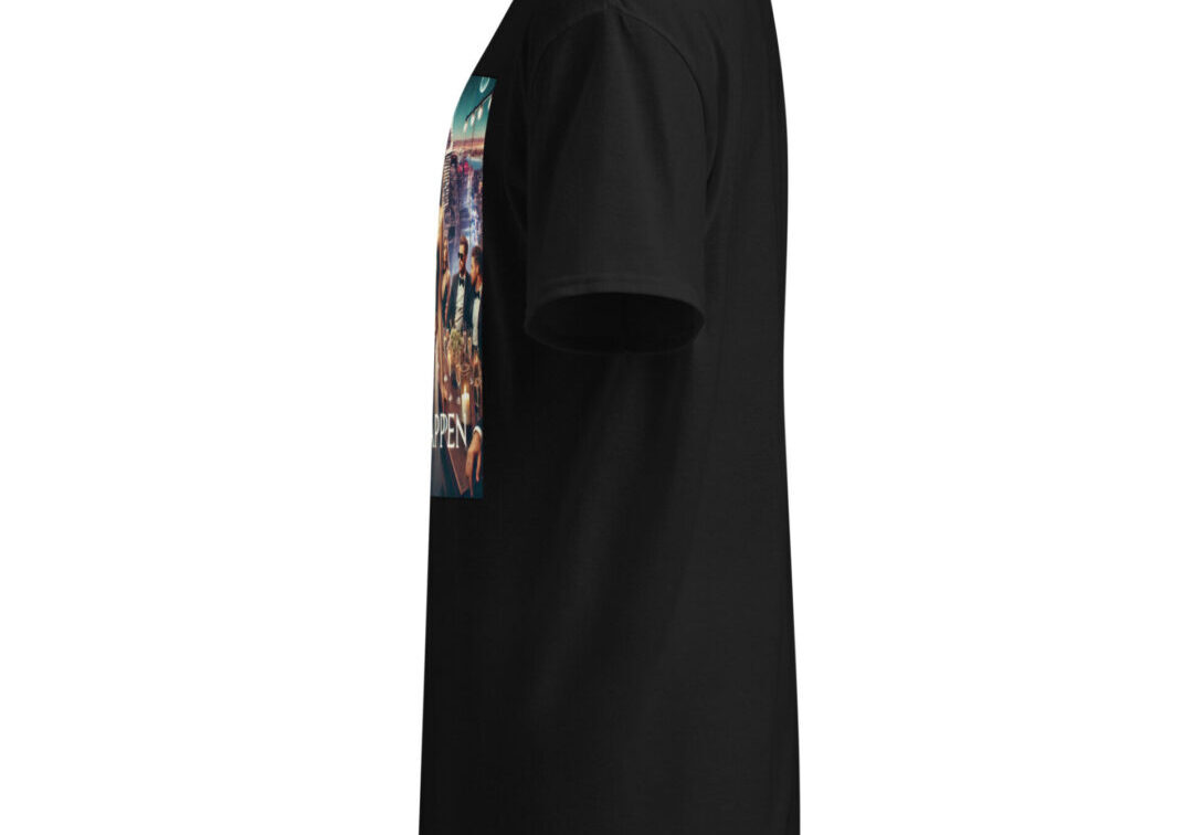 Black T-shirt side view with front graphic