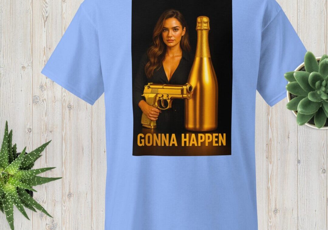 Blue tee featuring woman, gold gun and bottle
