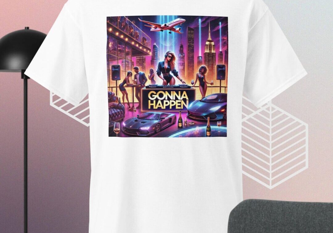 White T-shirt with colorful graphic design.