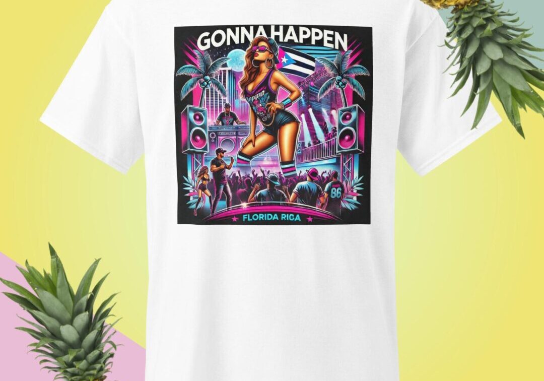White t-shirt with neon concert stage illustration