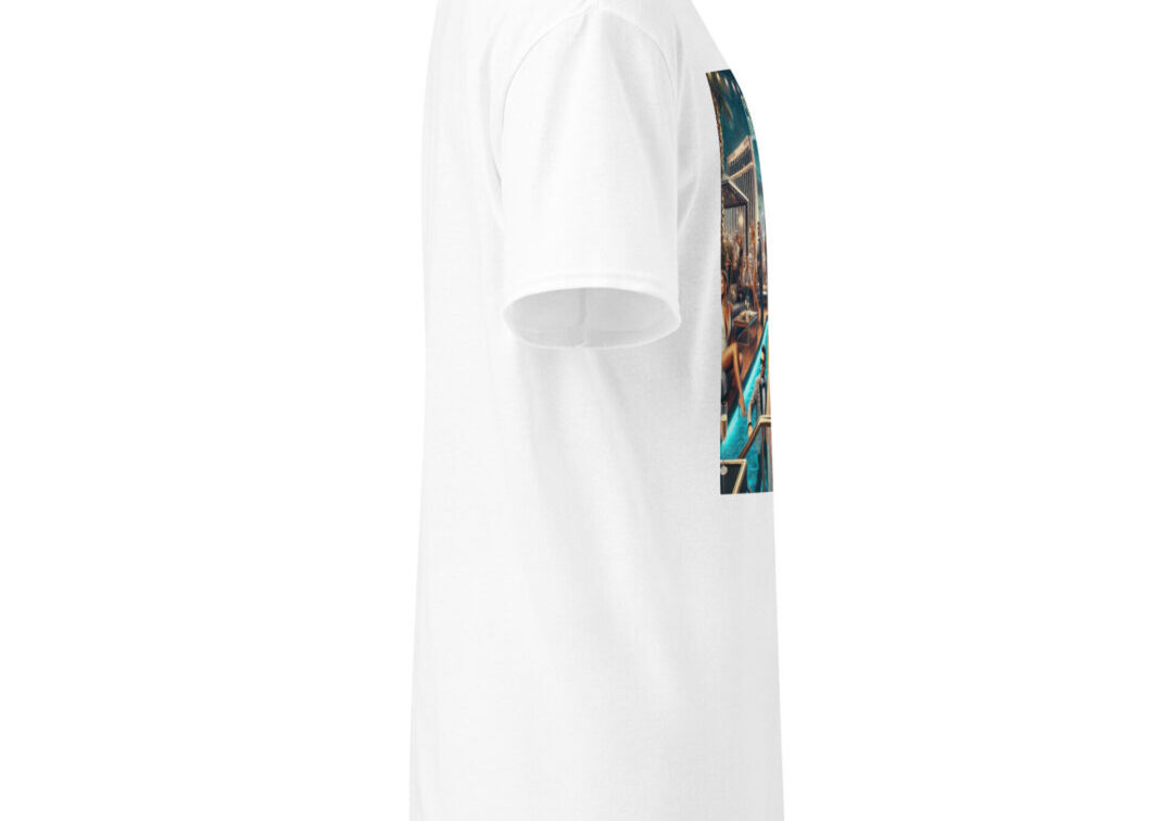 Side view of white T-shirt with print